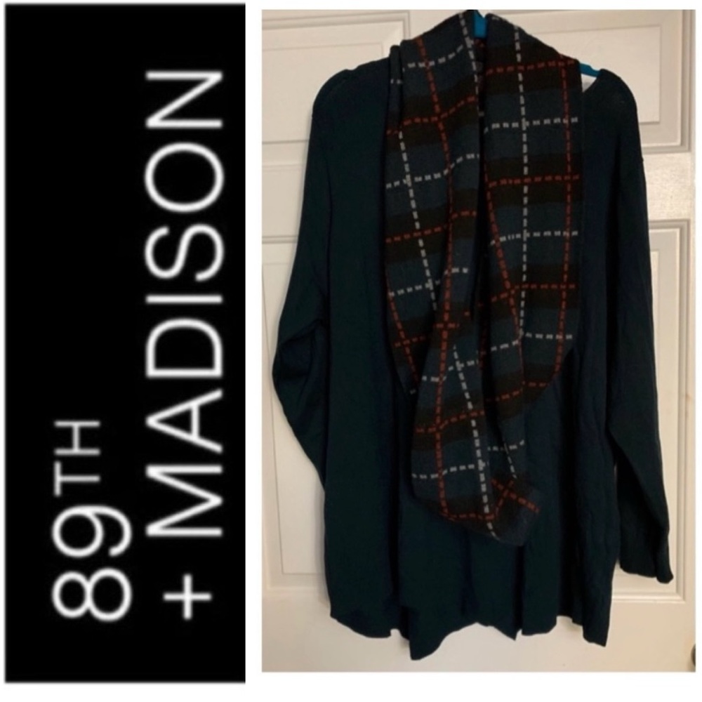 🥶 89th & MADISON Forest Green Asymmetric Hem Sweater Matching Plaid Scarf NWT 3X